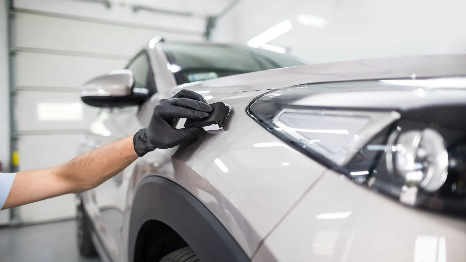 Auto detailer applying ceramic coating to a luxury car